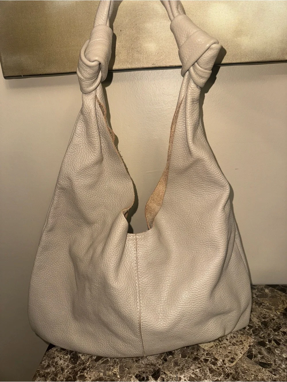 Knot-Handle Cream Leather Hobo Bag